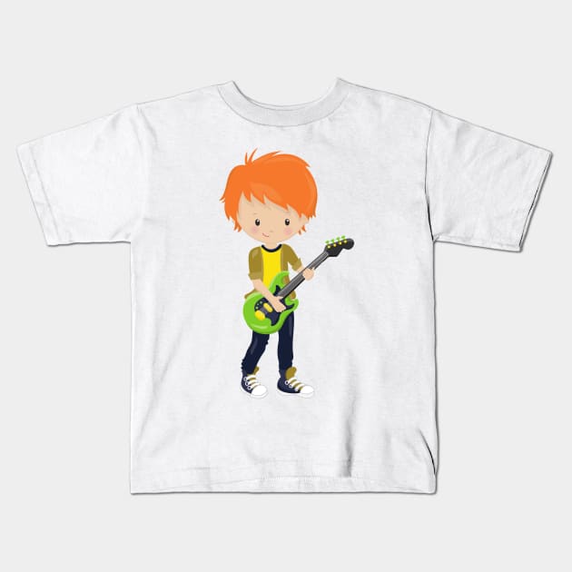 Rock Boy, Orange Hair, Band, Music, Guitar Player Kids T-Shirt by Jelena Dunčević